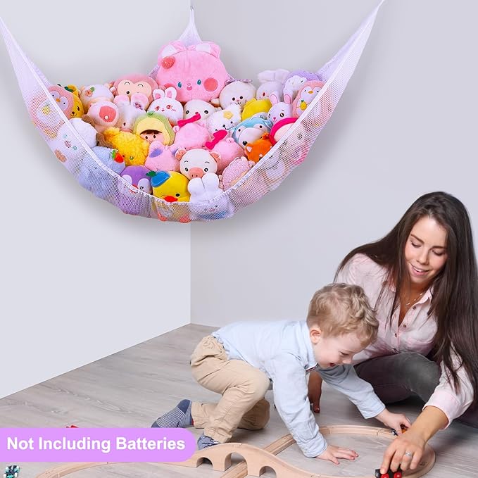 Unicorn Castle Stuffed Animals Net or Hammock Kids Toy Storage Organizer with LED Light Hanging Corner Stuffed Animals Holder Kids Girls Room Decor,White,XLarge (Pack of 1)