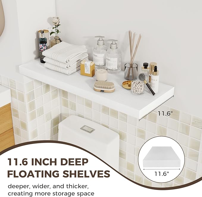 Fun Memories Deep Floating Shelves, 32W x 12D White Wall Shelves, 32 Long Rustic Wood Wide Storage Shelves for Bedroom, Kitchen, Farmhouse, Laundry Room, Bedroom, Kitchen, Home Office- Set of 3