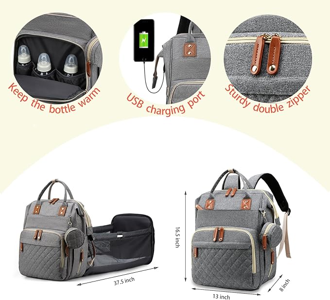 Lamroro Diaper Bag with Changing Station, Waterproof 3 in 1 Baby Diaper Backpack with Foldable Changing Pad, Large Travel Back Pack for Baby Girl Boy, Grey