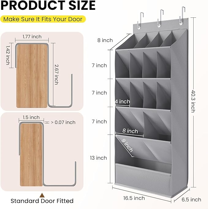 Mefirt Over the Door Shoe Rack with Large Deep Pockets, Door Shoes Organizer for Closet, Hanging Boots Shoe Rack, Behind the Door Narrow Shoe Holder, Multiple Pockets for Flexible Storage, Grey ﻿