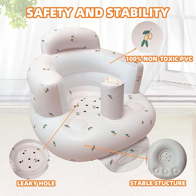 AGITVPS Inflatable Baby Seat for Babies 3-36 Months, Built in Air Pump Baby Chair Sit Me up Floor Seat for Baby, Bumbo Seat for Learning to Sit, Feeding, Camping (Pillar-Olive)