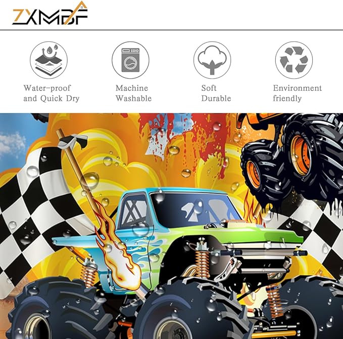 Monster Truck Shower Curtain Cool Cartoon Racing Car Boy Home Bathroom Decor Waterproof Fabric 72Lx72W Inch with Plastic 12PCS Hooks