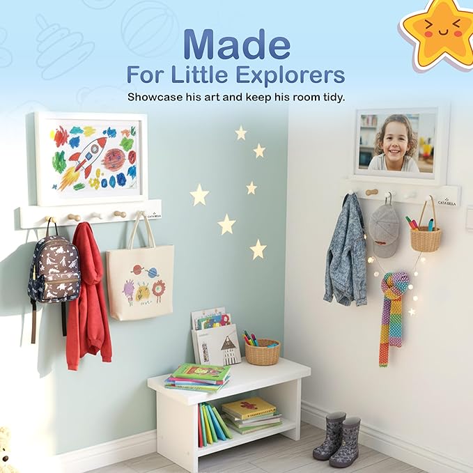 Cata Bella Kids Artwork Frames Changeable with Coat Rack Wall Mount, Wooden Wall Decor with Entryway Hooks and Magnetic Picture Frame, Decorative Organizer for Kids and Home