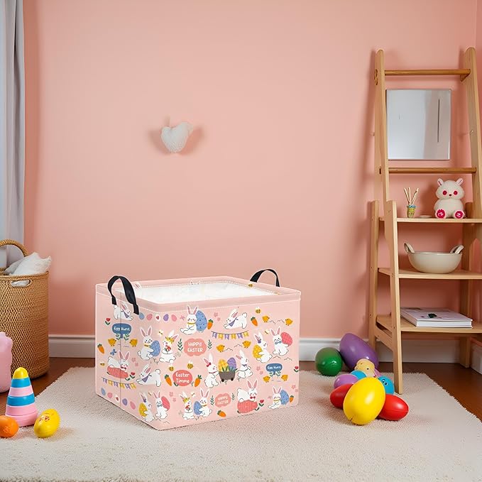 TIBAOLOVER Rectangular Easter Basket Easter Basket for Kids Baby Storage Basket Cute Toy Storage Bin Organizer Shelf Book Basket Easter Room Decor(Pink Purple Easter)