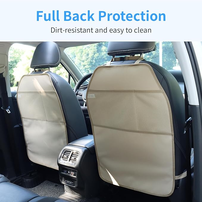 Viaviat Car Seat Protector Large Kick Mat 2 Pack Durable Water Resistant Auto Seat Back Covers with 2 Mesh Pockets Protection Against Dust Mud Scratches (Beige-A, 2-Pack)