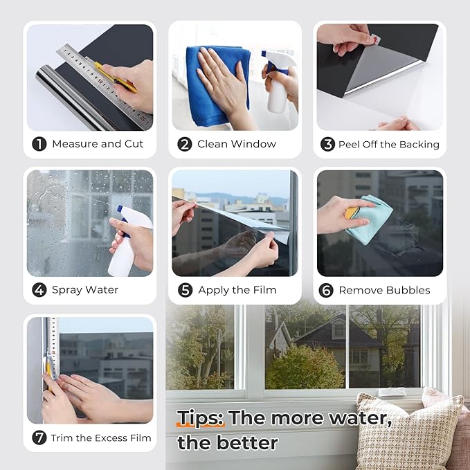DOWELL Window Privacy Film, One Way Window Tint for Home, Static Cling Anti UV Sun Blocking Reflective Mirror Film, Heat Control See Out Not in Glass Tinting, Black Silver, 35.4" x 78.7"