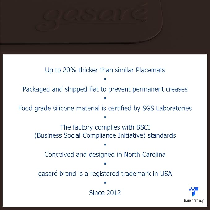 GASARÉ, Placemats Set of 4, Silicone Placemats, Table Mats, Non-Slip, Easy to Clean, Heat Resistant, Flexible, 20% Thicker, 16 x 12 inches x 1.1mm, Brown