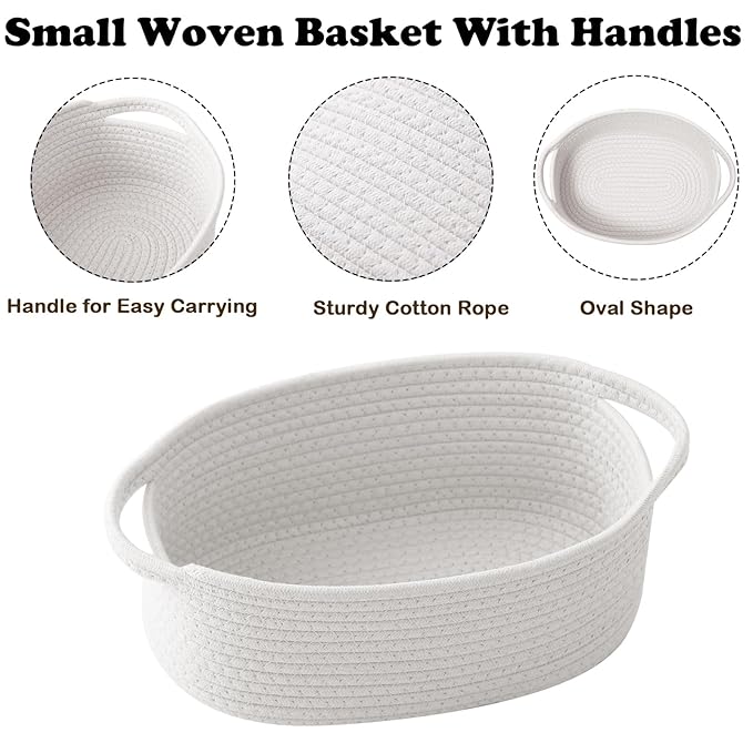 Small Woven Rope Basket-Empty Gifts Basket with Bag and Ribbons,Cute Handle Organizer Box for Birthday/Baby Shower, Toy Storage, Nursery Organizing & Shelf Decor(White)