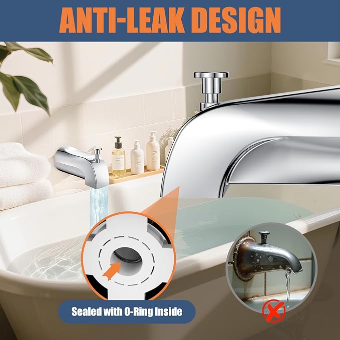Universal Bathtub Tub Spout with Diverter, Fits 1/2" Slip-Fit Copper Pipe Connection, Pull Down Bathtub Faucet Spout Replacement, Easy Installation (Chrome)