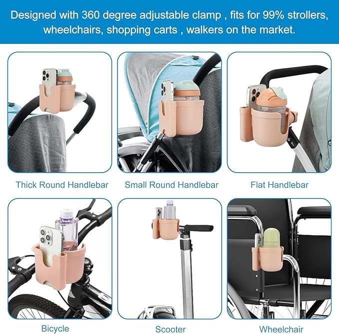 Accmor Stroller Cup Holder with Phone Holder, Bike Cup Holder, Universal Cup Holder for Uppababy Nuna Doona Strollers, 2-in-1 Cup Phone Holder for Stroller, Bike, Wheelchair, Walker, Scooter