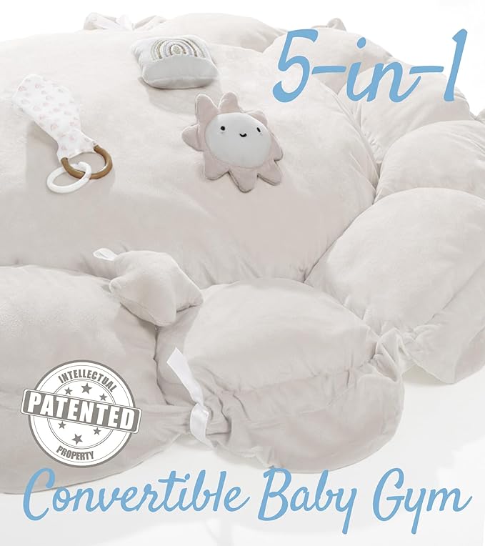 5-in-1 Thick & Plush Baby Play Gym, Baby Play Mats for Floor, Tummy Time Mat with 6 Toys, Convertible Stage-Based Developmental from Babies to Toddlers, Ball Pit, White