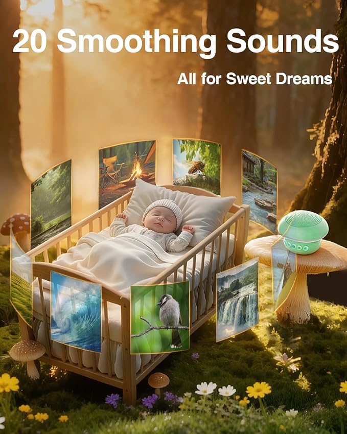 Portable White Noise Sound Machine with 20 Relaxing Sounds, 48H Playtime, 3 Timers & Night Lights, Memory, TF Card Mode & 10m Wireless Playback for Newborn Baby Gift, Adult, Mini for Home Sleep Office