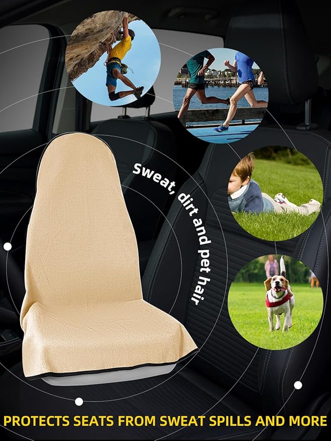 ZIMABLUE Towel Seat Cover - Waterproof Terry Cloth Front Seat Protector for Gym and Beach, Sweat-Absorbent, Non-Slip(Beige,1 Pack)