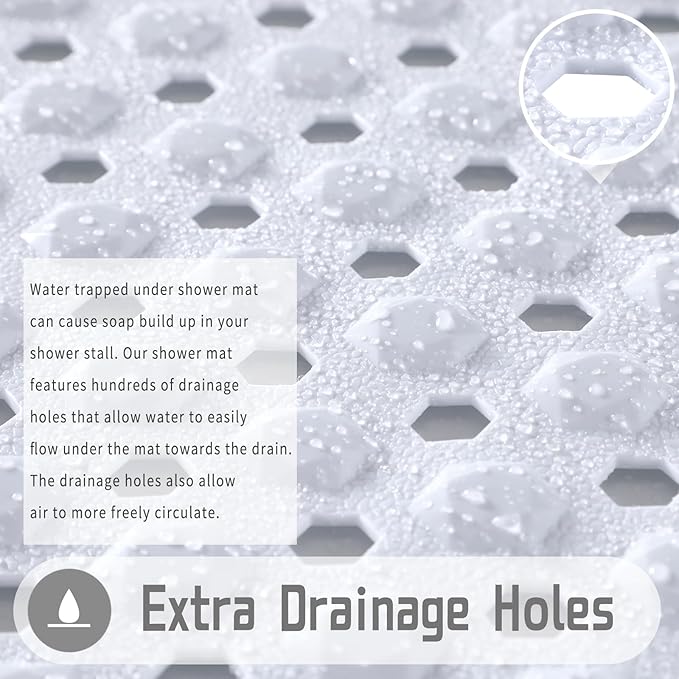 Yimobra Square Shower Floor Mat Non Slip, 21"x21" Machine Washable Bath Tub Mat, Soft on Feet, Bathmat with Drain Holes and Suction Cups, Fast Draining, White