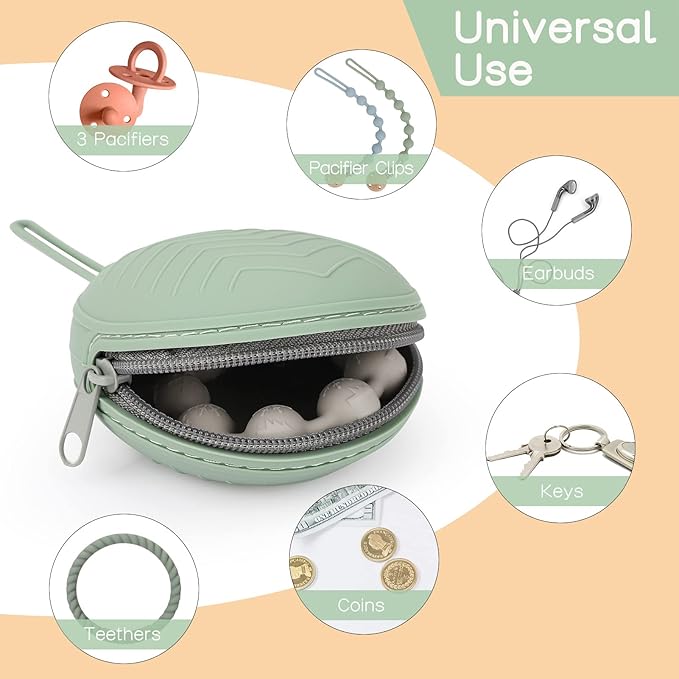 2 Pack Pacifier Holder Case, BPA Free Newborn Baby Silicone Pouch for Boys & Girls, Portable Container (Sage, Ether)