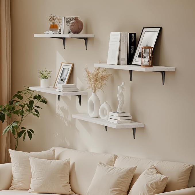 SKYSEN Floating Shelves for Wall Set of 6, 23.6in Wood Wall Shelf for Decor, Bathroom, Bedroom, Storage, Book,Kitchen, Living Room - White(fs-60-w)
