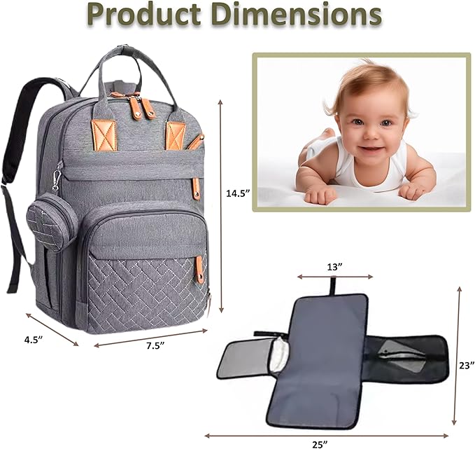 Rojnaz Baby Diaper Bag Backpack - Large Sturdy Bag for Boys & Girls, Changing Pad & Pacifier Case, Large Capacity, Insulated Pockets, Waterproof, Stroller Straps & Carry-on Straps, Unisex - Grey