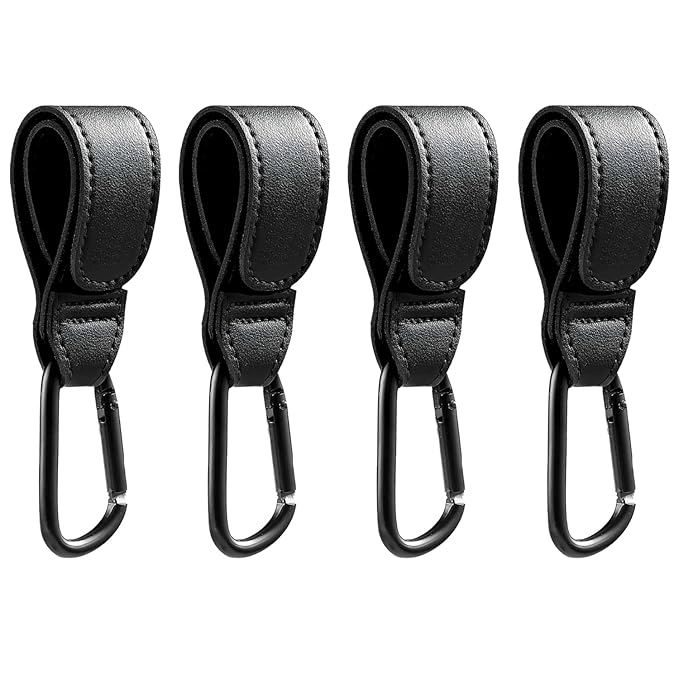 4 Pcs Leather Stroller Hook, Mommy Stroller Clip, Stroller Accessories Organizer Hook, Metal Hook for Strollers/Walkers/Mobility Scooter/Wheelchair/Rollator(Black)