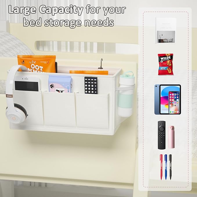 Edudif Dual-purpose Bedside Caddy Bedside Organizer, Bed Caddy with 6 Pockets, Versatile Bedside Storage Solution Magazine Remotes holder, ideal for Home, Dorm, Hospital, Crib Bed (White)