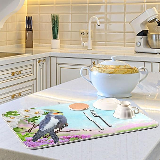 Absorbent Dish Drying Mat for Kitchen Counter - Parrot Peach Blossom Flowers Microfiber Drying Pad, Reversible Drainer Mats for Countertop, Large 18" x 24"