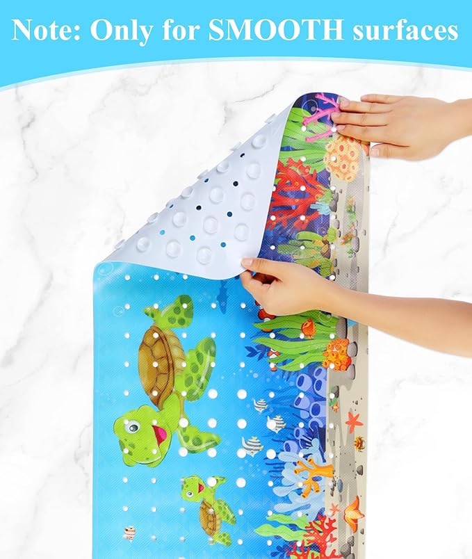 Secopad Bath Mat for Tub Non Slip, Machine Washable Anti-Slip Cartoon Baby Bathtub Shower Mat with Drain Holes and Suction Cups for Toddler & Kids (40 Inch x 16 Inch-Rectangular, Turtles)