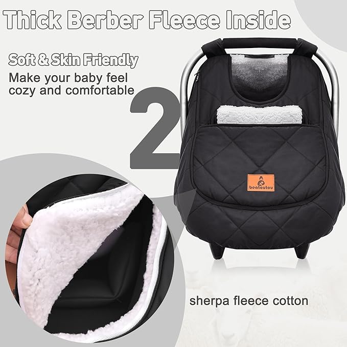 Winter Baby Car Seat Cover, Beatoutou Waterproof Winter Infant Carseat Canopy for Boys Girls, Cold Weather Warm Car Seat Covers for Babies, Keeps Babies Warm and Cozy (Black)