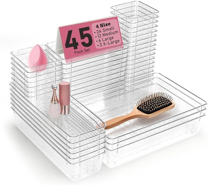 Clear Plastic Drawer Organizers Set of 45 Vanity Organizers Stackable Storage Bins Dividers Bathroom Organizers Storage Vanity Organizer Bins for Makeup, Kitchen Utensils, Jewelries, Office
