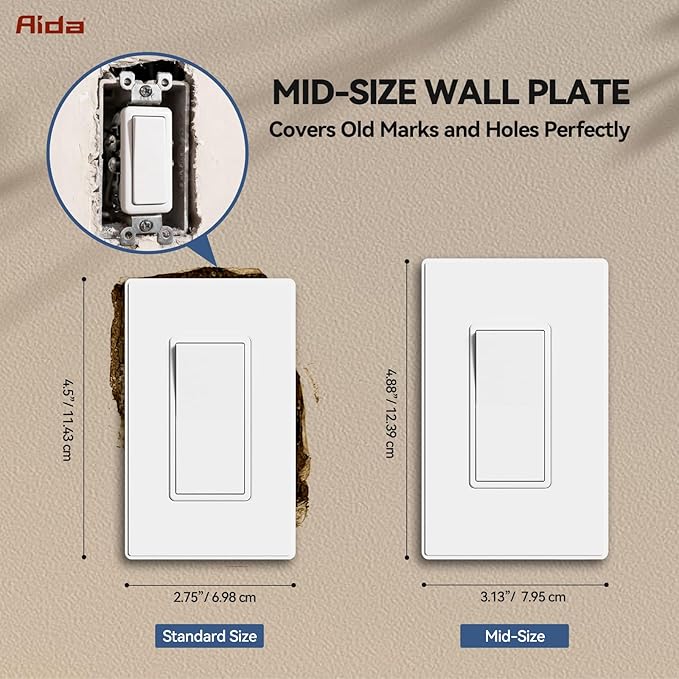 AIDA Screwless Decorator Wall Plates, Mid-Size 1-Gang 4.87" x 3.13", White Outlet Cover Plate, for Decor Switch, Dimmer, GFCI, USB Receptacle, UL Listed(4 Pack)