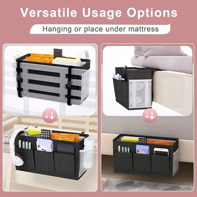 Edudif Dual-purpose Bedside Caddy Bedside Organizer, Bed Caddy with 6 Pockets, Versatile Bedside Storage Solution Magazine Remotes holder, ideal for Home, Dorm, Hospital, Crib Bed (Black)