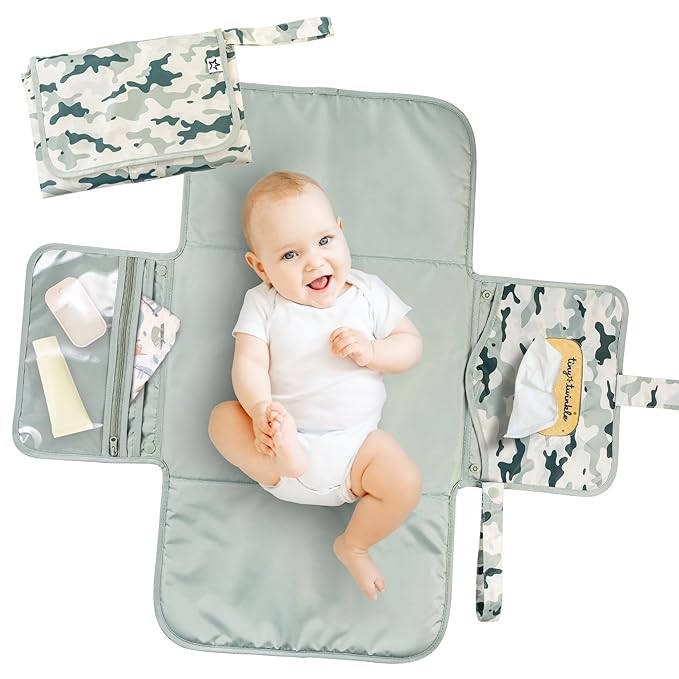 Tiny Twinkle Portable Diaper Changing Pad | Waterproof, Wipeable & Compact Baby Changing Pad for Travel | Smart Wipes Pocket & Organized Storage| Newborn Shower Gift (Camouflage)