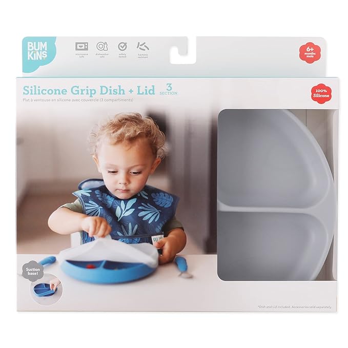 Bumkins Toddler and Baby Suction Plate, Silicone Divided Grip Dish and Lid, Babies and Kids, Baby Led Weaning, Children Feeding Supplies, Non Skid Bottom, Platinum Silicone, Ages 6 Months Up, Gray