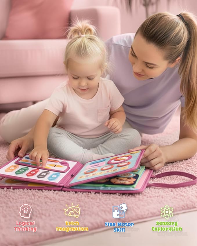 Busy Board for 1 Year Old, Busy Book for Toddlers 1-3, 2 Year Old Girl Toys, Montessori Toys for 1 Year Old, Educational Sensory Activities, Learning Fine Motor Skills Travel Toy for Toddler(Pink)