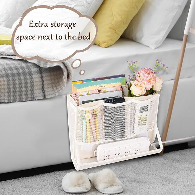 Retyion Bedside Caddy Bedside Storage Organizer Bedside Organizer with Power Strip Holder and 2 Adjustable Straps for Home Bunk Bed College Dorm Sofa (White)