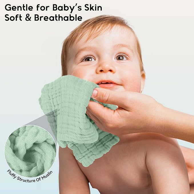 Unnivoll Muslin Burp Cloths Baby 12''X12'', Baby Washcloths 6 Pack, 100% Cotton Baby Wash Cloths Absorbent and Soft for Newborn Infants Kids Boys Girls - Gradient Green