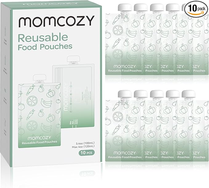 Momcozy Reusable Baby Food Pouches for Toddlers,BPA Free Plastic,Food Safe,Freezer Safe,Refillable for Applesauce Yogurt & Puree Squeeze Pouch,10 packs,3.4-4oz