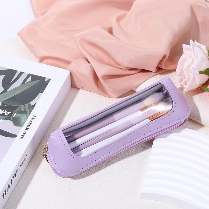 Clear Makeup Brush Bag, PU Leather Small Makeup Pouch Portable Travel Mini Cosmetic Bag Transparent Waterproof Organizer Pouch with Zipper for Women Home Travel Office Cosmetic Storage (Purple)