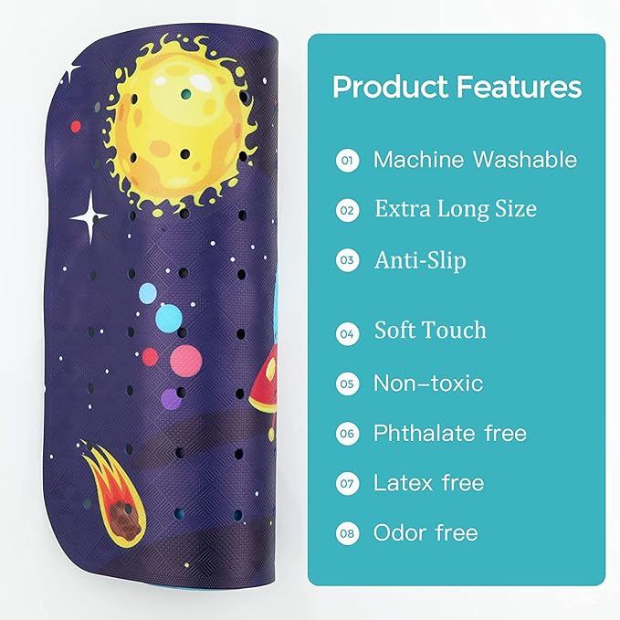 Tubozadi Bathtub Mat Kids Baby Non Slip Shower Mat 40X16 Inch Extra Long Toddler Anti Slip Bath Mats for tub Mat with Suction Cups and Drain Holes,Sky