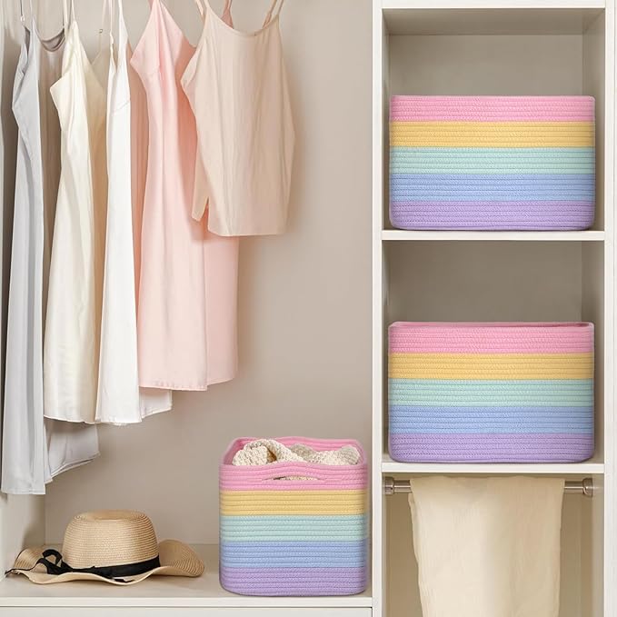 Degeyoyo Woven Storage Baskets, Rainbow Baskets for Organizing, 3 Pack Woven Basket for Storage, Storage Baskets for Shelf, Towel, Toy, Book, Closet, Baby 15"×10"×9"