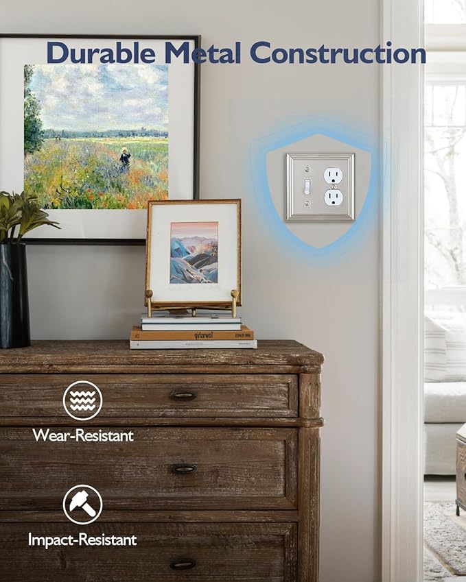 2-Pack Combination Toggle/Duplex Wall Plate, Wall Outlet Covers for Double Light Switches, Receptacle Outlet, Dimmer Switch, Satin Nickel Finish, Midsize, A031 Series
