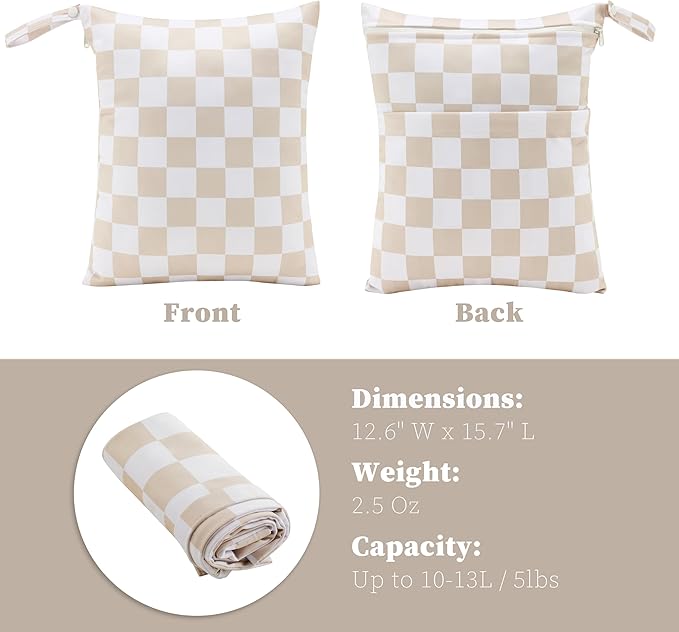Ohocut Beige Khaki Checkered Waterproof Wet Dy Diaper Bag for Baby Essentials, Travel, Swimsuit, Beach Bag Accessories, Aesthetic Trendy Cute Toddler Baby Cloth Bag Pouch, Pack of 2