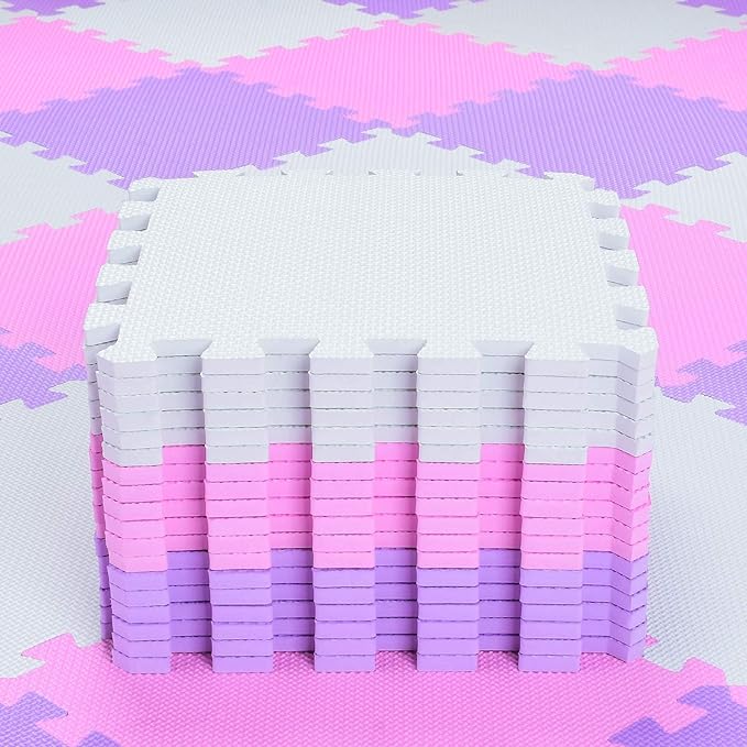 qqpp EVA Rubber 18 Tiles Interlocking Puzzle Foam Floor Mats - Baby Play Mat for Playing | Exercise Mat for Home Workout. White, Pink, Purple. QC-ACKb18N