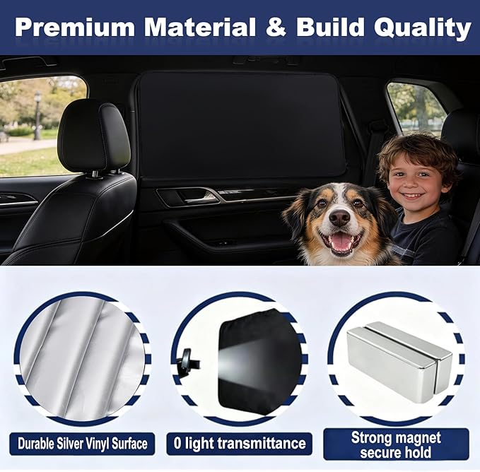 XCBYT Magnetic Car Window Shades for Rear Side Windows, 2 Pack Reflective Silver & Black Privacy Sun Shades, Universal Heat Blocking Car Curtains for Travel, Camping & Back Seat Comfort