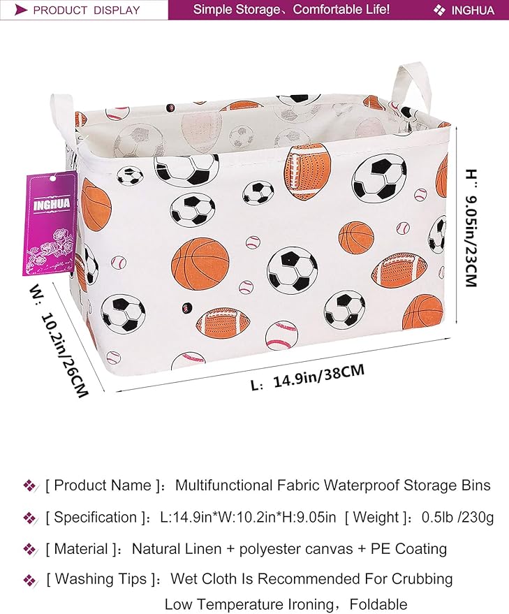 INGHUA Rectangular Storage Basket Fabric Organizer Bin for Toys,Books,Clothes,Gifts,Pets-Perfect for Home,Office,Nursery,Dorm,Shelf(Rec ball game)