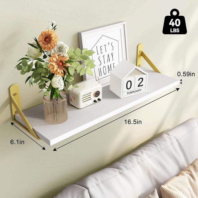 Fixwal Floating Shelves for Wall, Wood Wall Mounted Shelves for Bedroom, Bathroom, Living Room, Kitchen Storage and Decor(White, Set of 4, 16.5 Inch)