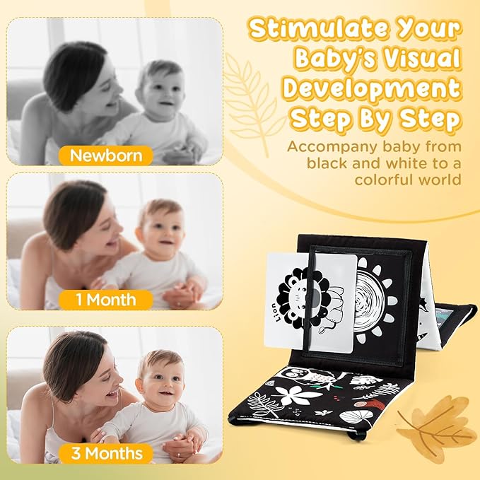 URMYWO Tummy Time Mirror Toys, Visual Stimulation Learning Cards, High Contrast Black and White Baby Toys for Newborn, Soft Baby Book for infant 0-12 Months, Baby Boy Girl Shower Gift Stocking Stuffer