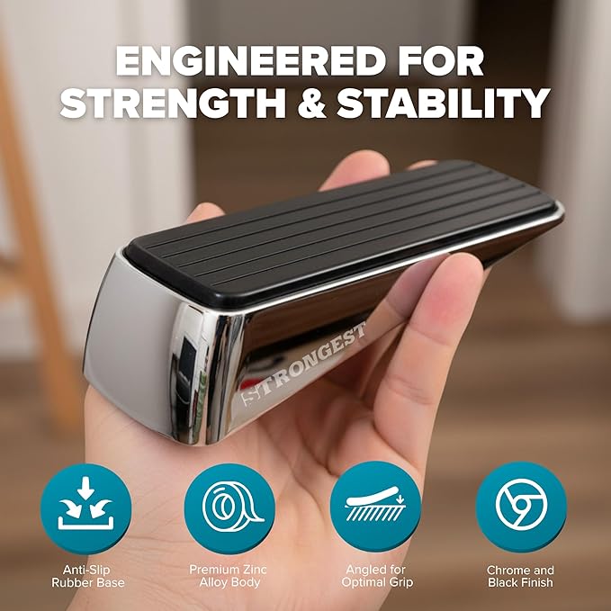 Strongest Home Heavy Duty Door Stopper Wedge (6 Chrome PCs) | Non-Slip Rubber and Metal Door Stop for Heavy Doors| Work on Wood, Tile, Carpet + 6 White Wall Protectors