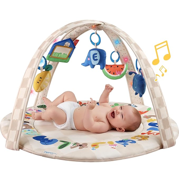 Baby Play Gym & Activity Mat with Light-up Musical Arch, Washable Tummy Time Mat with 6 Detachable Sensory Toys for Motor Skills, Baby Essentials Shower Gift - ABC123