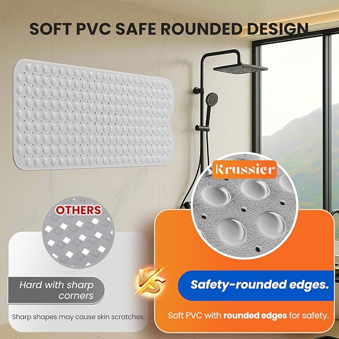 Krussier Non-Slip Bath Tub Mat, 39x16 Inch Extra Large Shower Mat with Drain Holes & Suction Cups, Machine Washable, Grey