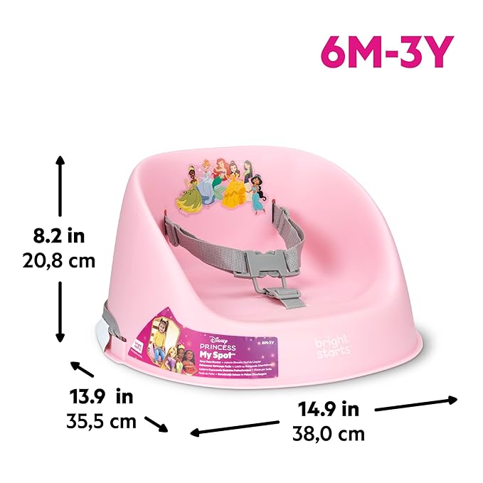 Bright Starts Disney Princess My Spot Easy-Clean Baby Booster Feeding Chair, 3-Point Harness, Washable Removable Straps, Pink