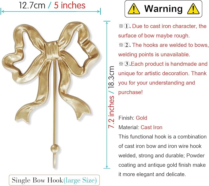 Single Bow Hook,Wall Mounted Functional Hook,Antique Gold Cast Iron Hooks for Coats,Hats,Bags, Bath Towels,Room Decorations,Hallway,Bathroom,Kitchen,Office (Large Single Bow Hooks:5x7.3 inches)